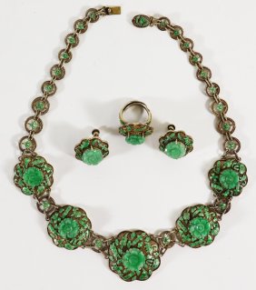 CHINESE EXPORT SILVER VERMEIL JADE ENAMEL JEWELRY