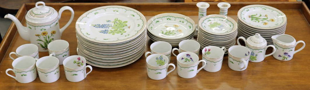 GEORGES BRIARD VICTORIAN GARDEN CHINA: Set of Georges Briard china in the Victorian Garden botanical pattern. Includes (11) 10 3/8" dinner plates, (10) salad plates 7 5/8", (12) saucer plates 5 3/4", (11) cups, (4) bowls, coffee pot,