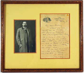 JOHN SINGER SARGENT HANDWRITTEN LETTER: Hand written letter by John Singer Sargent on The Copley Plaza in Boston Massachusetts letterhead. The content appears to be writing to someone to join him on Sunday to have dinner with Desmond Fitzge