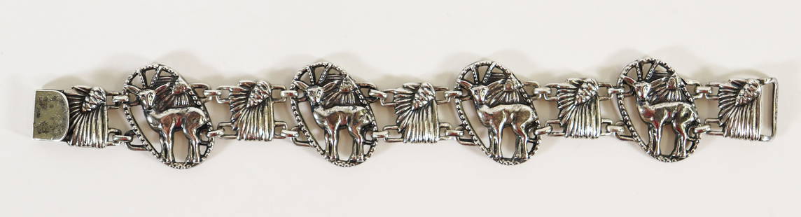 MCCLELLAND BARCLAY STERLING DEER BRACELET: Vintage McClelland Barclay sterling silver bracelet with deer and pinecones. Measures 7" long, weighs 30 grams.