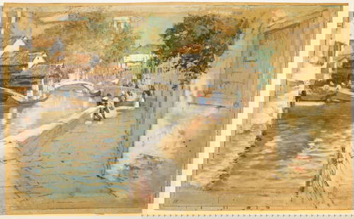 FRANCIS HOPKINSON SMITH CANAL WATERCOLOR: A watercolor on paper laid on board of the Grand Canal by Francis Hopkinson Smith (Baltimore 1838 - 1915 New York). He was an American author, artist and engineer and spent the first part of his caree