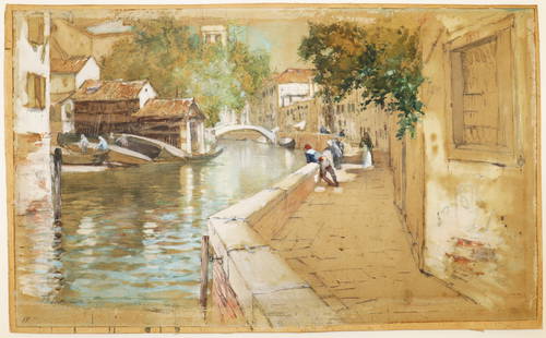 FRANCIS HOPKINSON SMITH CANAL WATERCOLOR: A watercolor on paper laid on board of the Grand Canal by Francis Hopkinson Smith (Baltimore 1838 - 1915 New York). He was an American author, artist and engineer and spent the first part of his caree