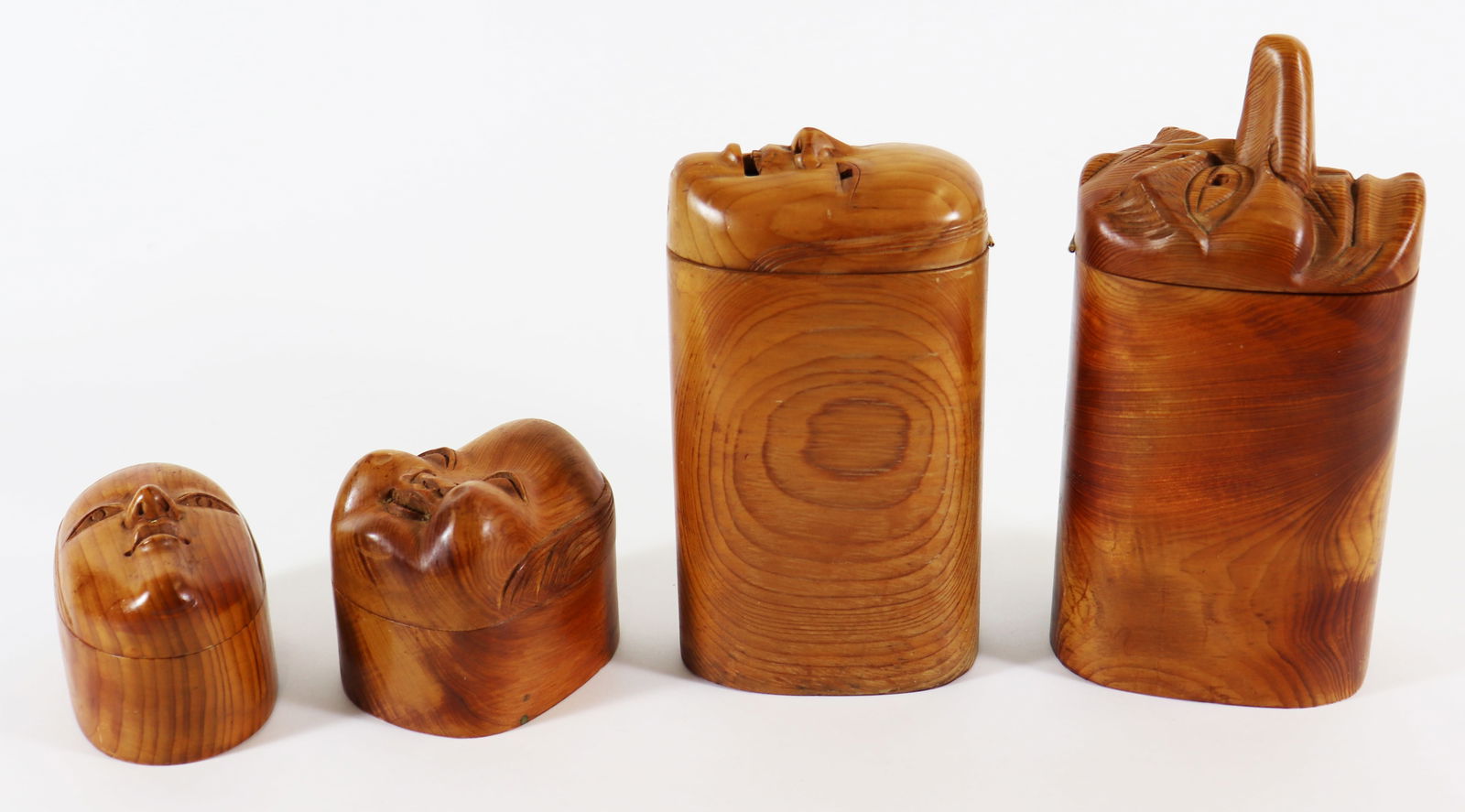 (4) CARVED HINOKI CYPRESS WOOD FACE BOXES (1 of 4)