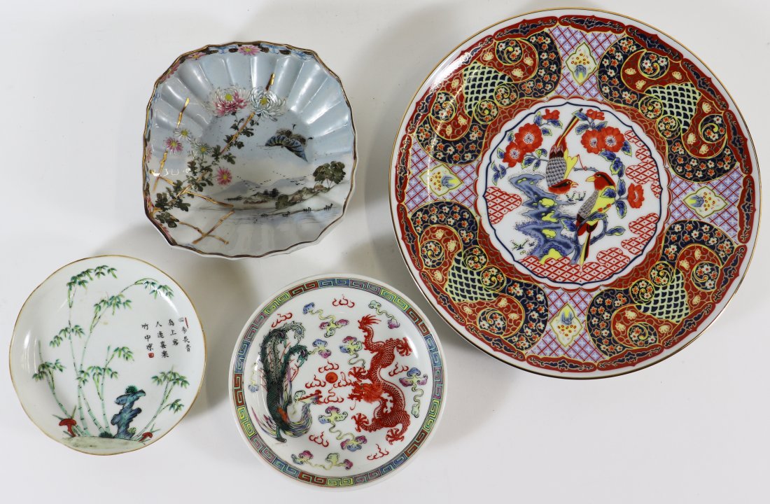 ANTIQUE CHINESE & JAPANESE PORCELAIN COLLECTION: Collection of porcelain including a 10" charger plate, dragon bowl 5.75", Chinese poem bowl, and a Japanese bowl with Mt. Fuji in the background with butterflies and flowers.