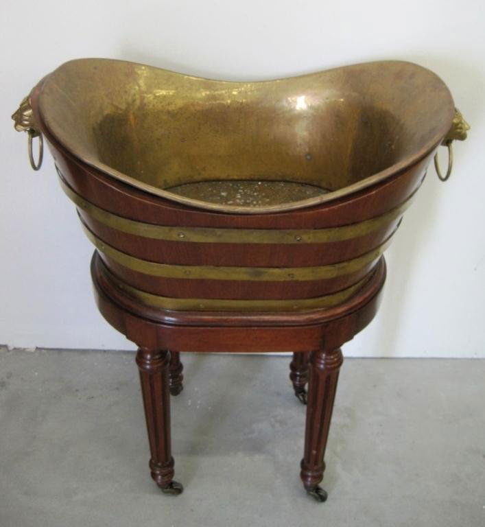 GEORGIAN WINE CELLARETTE ON STAND: 31" Tall & 16" x 34" Wide. Lion head handles. Brass Liner.