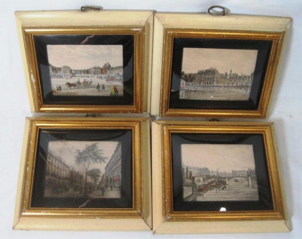 (4) FRENCH HAND COLORED ETCHINGS: 4 1/4" x 3 1/2"