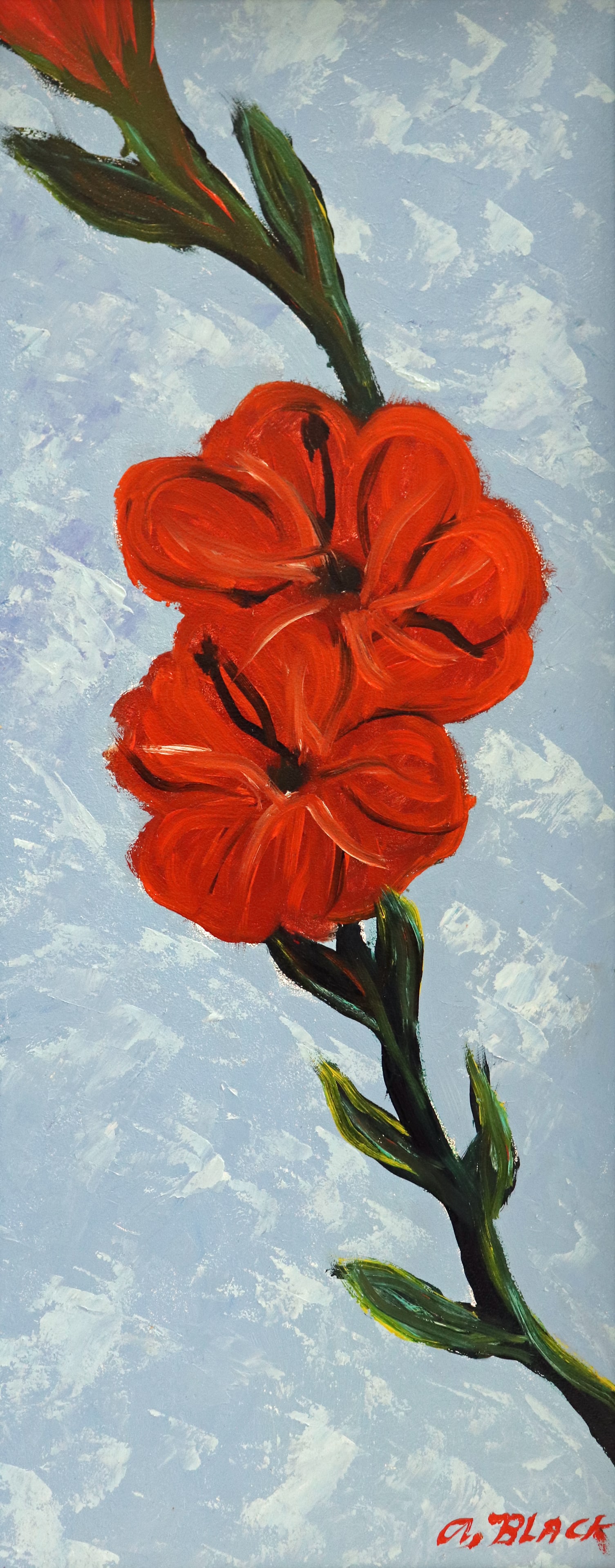 AL BLACK HIBISCUS FLOWER HIGHWAYMEN PAINTING: Al Black (b. 1945) Florida Highwaymen painting of a red hibiscus flower. Signed lower right. Measures 24" x 10" on masonite board & 27" x 13" w/ frame.