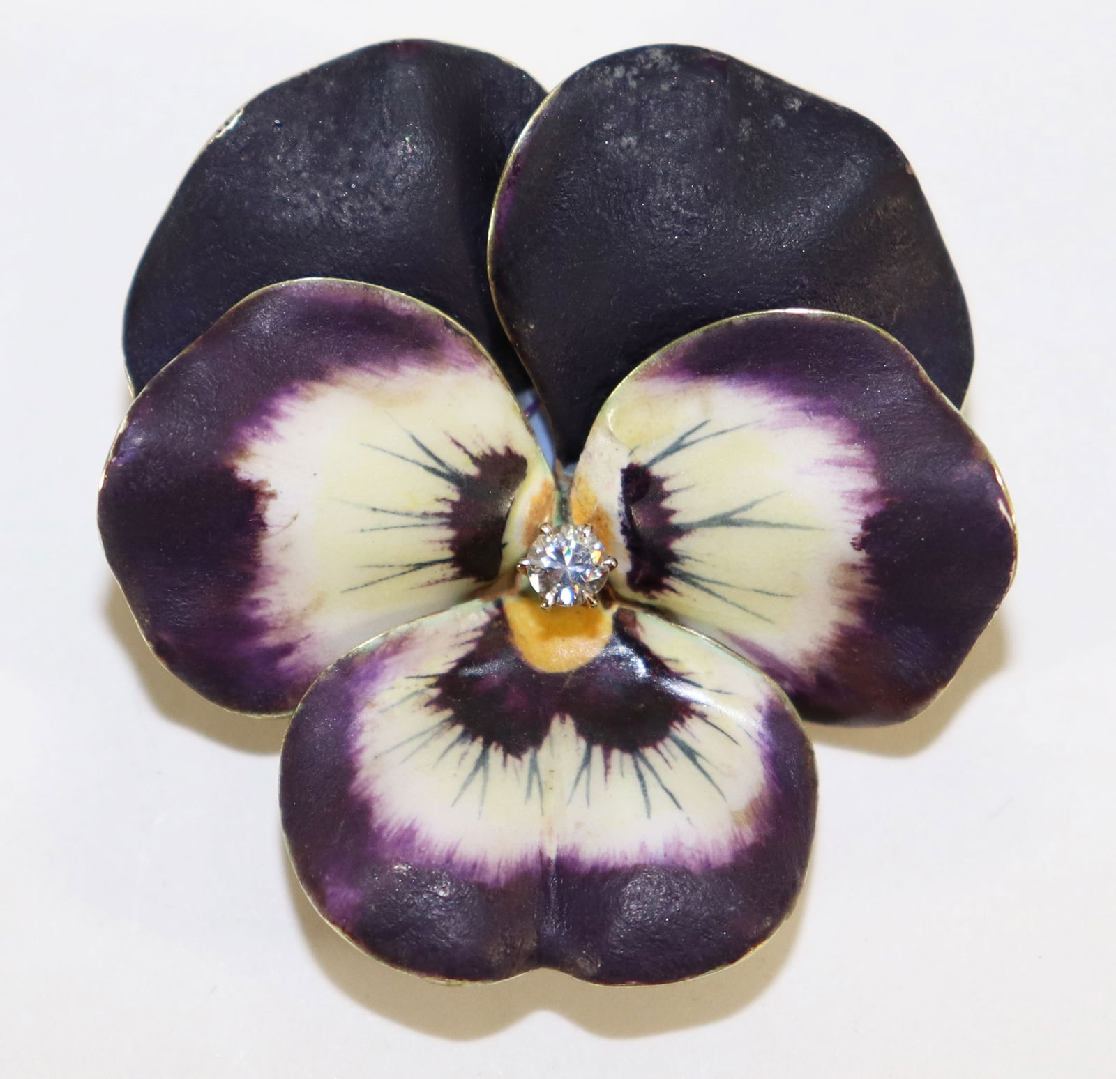 14K ART NOUVEAU PANSY ENAMEL DIAMOND PIN PENDANT (1 of 3)