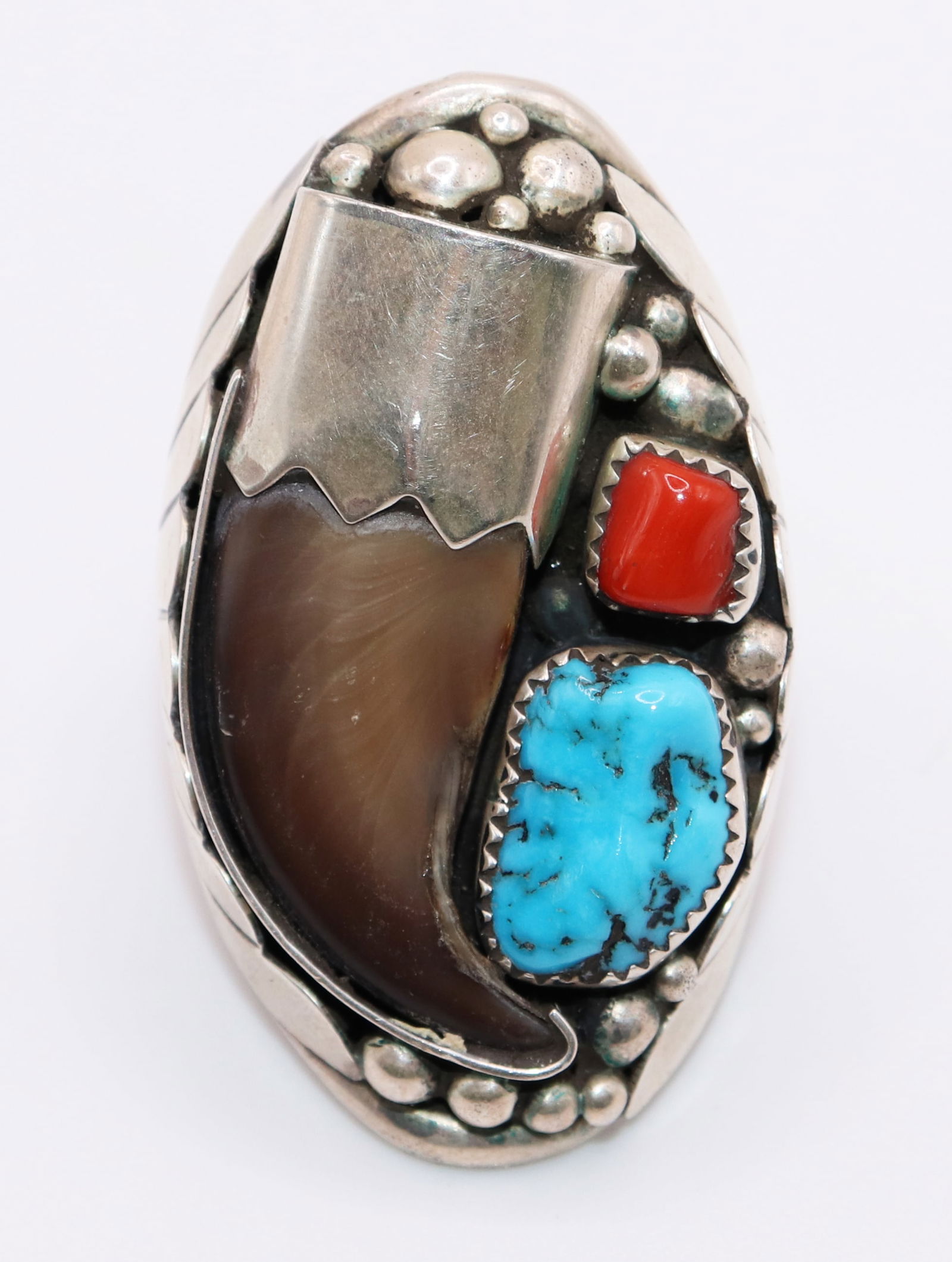 NAVAJO TURQUOISE & CORAL STERLING RING-BAHE (1 of 4)