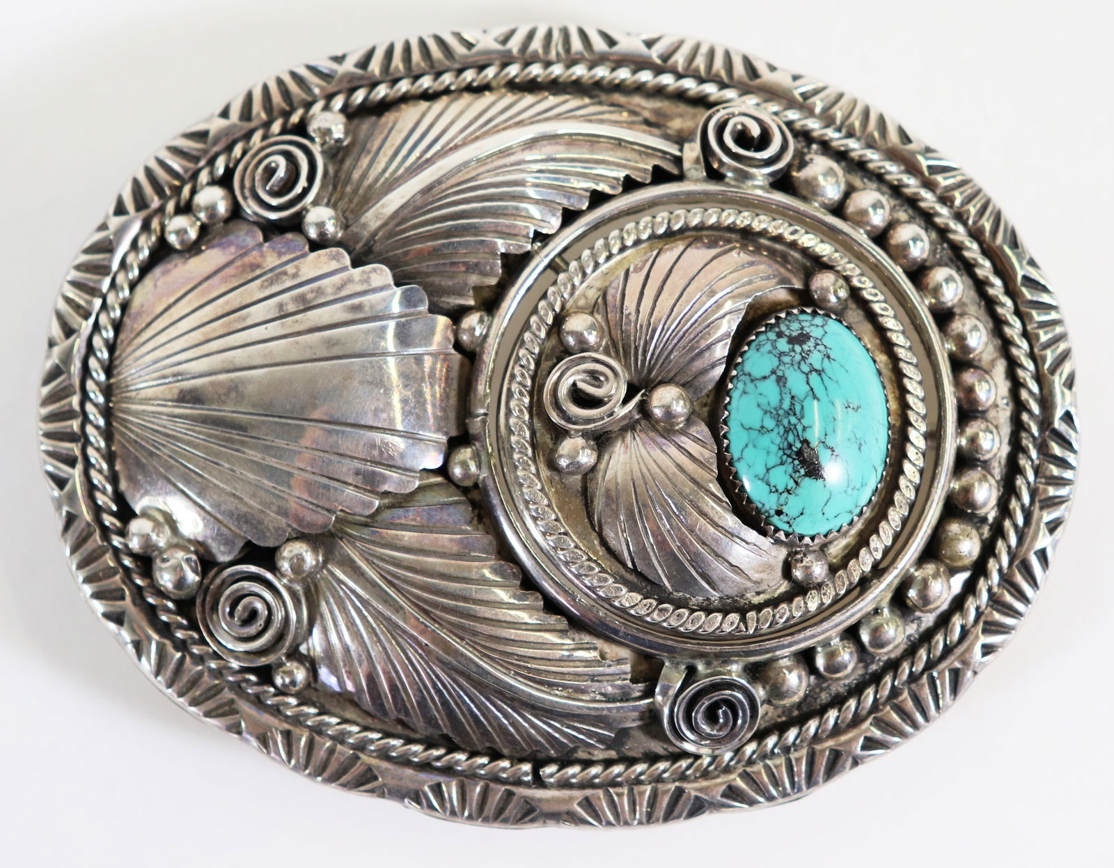 NAVAJO STERLING SPINNER TURQUOISE BELT BUCKLE (1 of 4)
