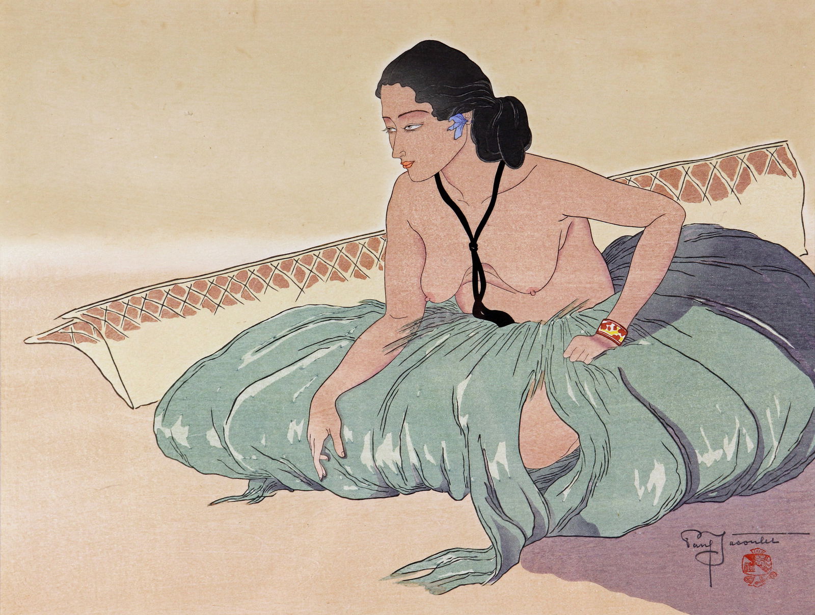 PAUL JACOULET ON THE SAND WOODBLOCK: Paul Jacoulet (1896-1960) Color woodblock, "On the Sand" (Sur le Sable, Rhull, Yap). Pencil signature lowered right hand corner with the Good Luck Hammer seal. Light even tones with muted colors. Meas