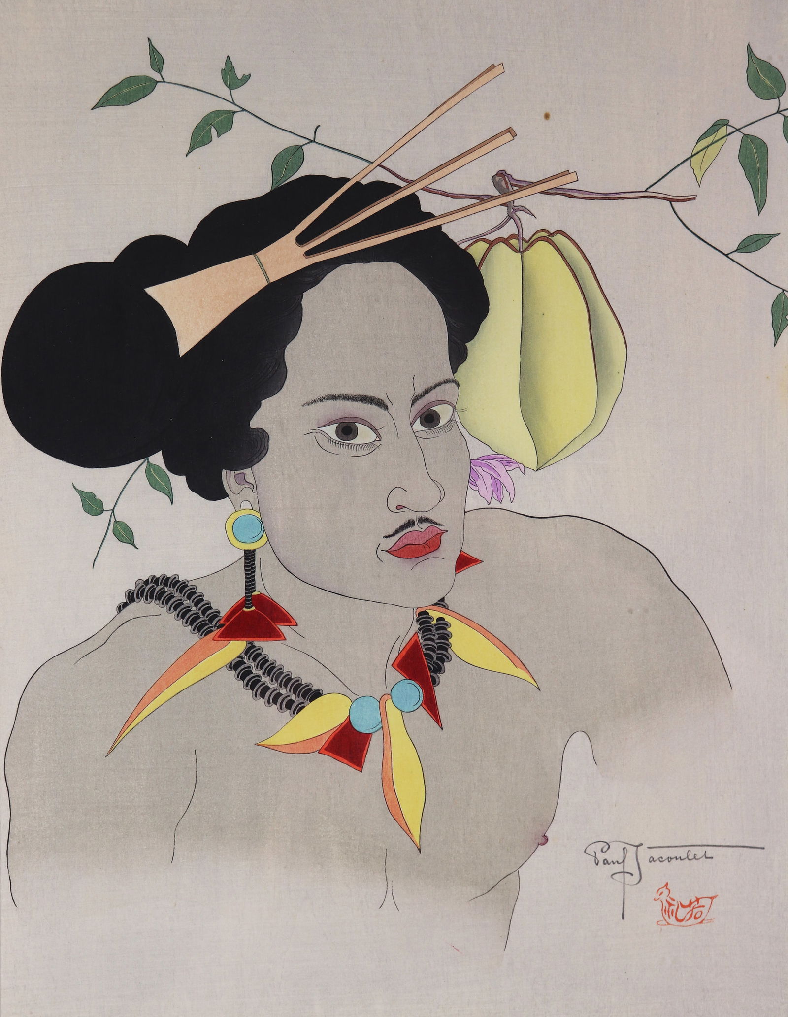 PAUL JACOULET UN HOMME DE YAP WOODBLOCK: Paul Jacoulet (1896-1960) Color woodblock, "Un Homme de Yap Ouest Carolines". Pencil signature lower right hand corner with artist's Mandarin Duck stamp. Measures 15 1/4" x 11 3/4" (sight) and 20 3/4"