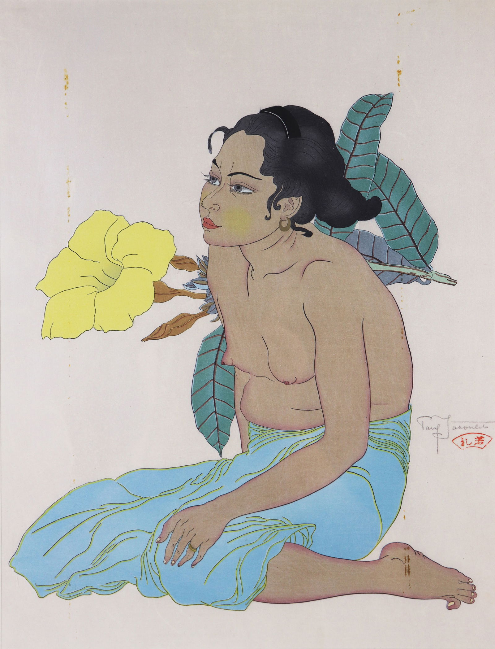 PAUL JACOULET HIBISCUS WOODBLOCK: Paul Jacoulet (1896-1960) Color woodblock print of a seated woman with yellow hibiscus. Pencil signature right hand area with red seal. Titled "Jeune Fille de Saipan et fleurs d'hibiscus" Marianes. So