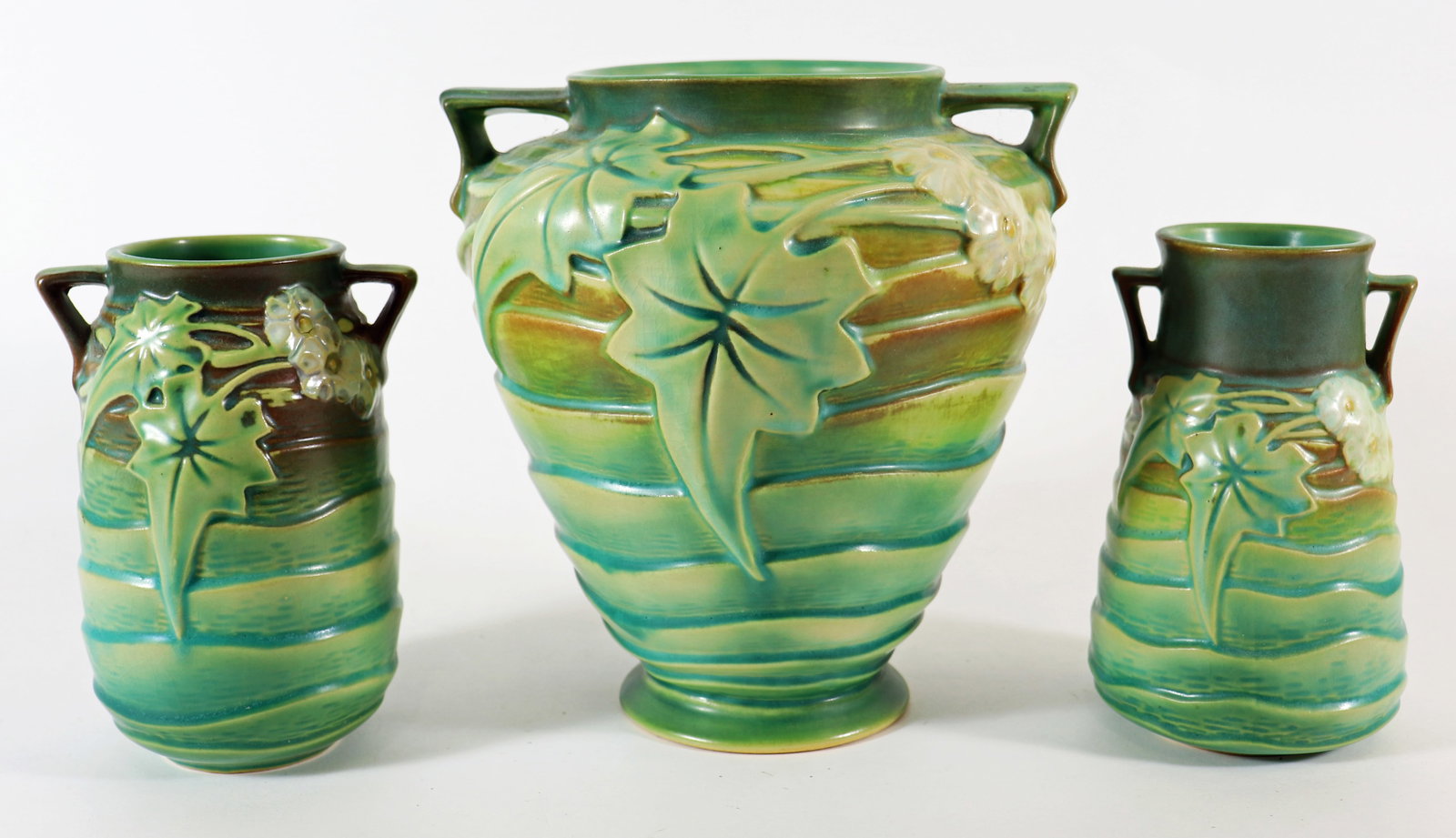 (3) ROSEVILLE LUFFA GREEN HANDLED VASES (1 of 3)