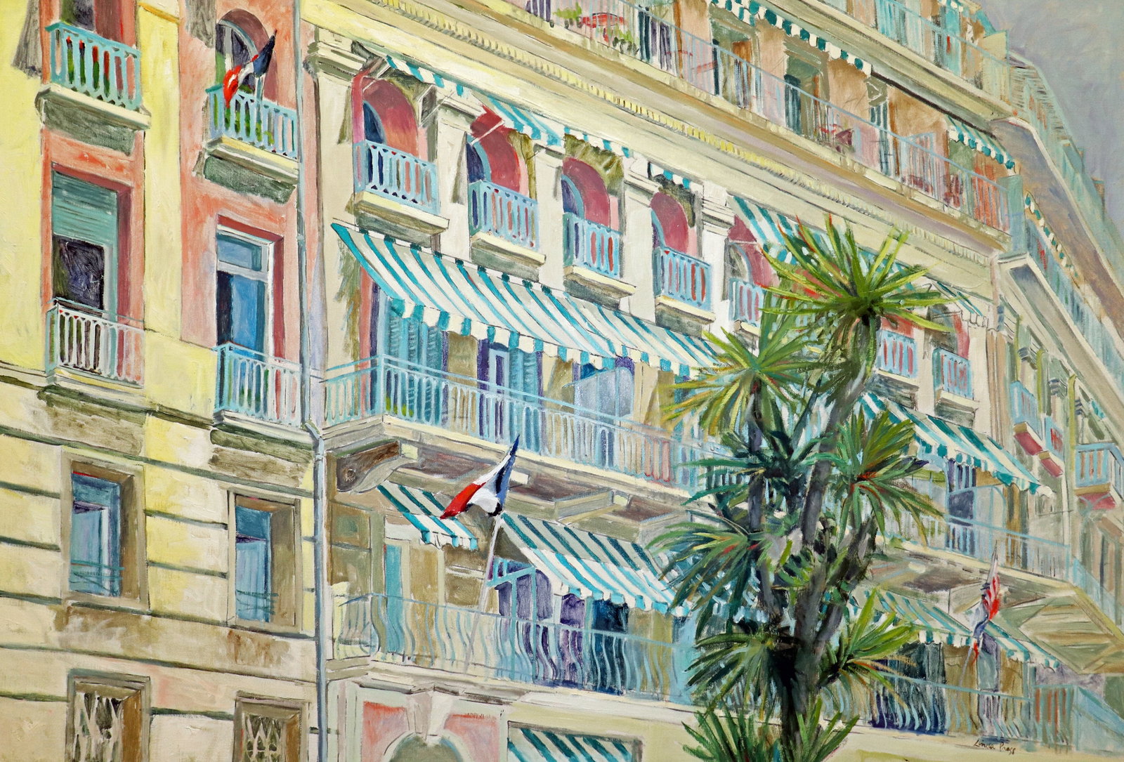 LINDA PRESS HOTEL SUISSE (NICE, FRANCE) PAINTING: Oil on canvas painting of Hotel Suisse in Nice, France with palm trees and flags. Signed lower right. Measures 50" x 34" and 51.25" x 35.25" w/ frame.