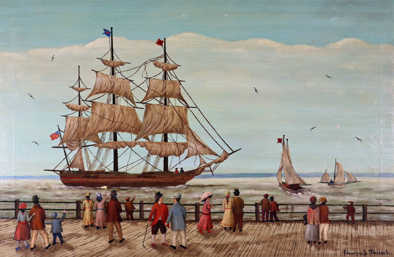 ERWIN J NEUSCH "SHIPS OFF CONEY ISLAND" PAINTING (1 of 5)