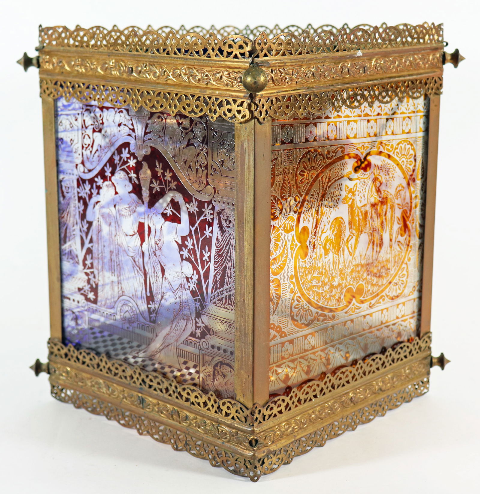 AESTHETIC MOVEMENT GLASS PANEL HANGING OIL LAMP (1 of 6)