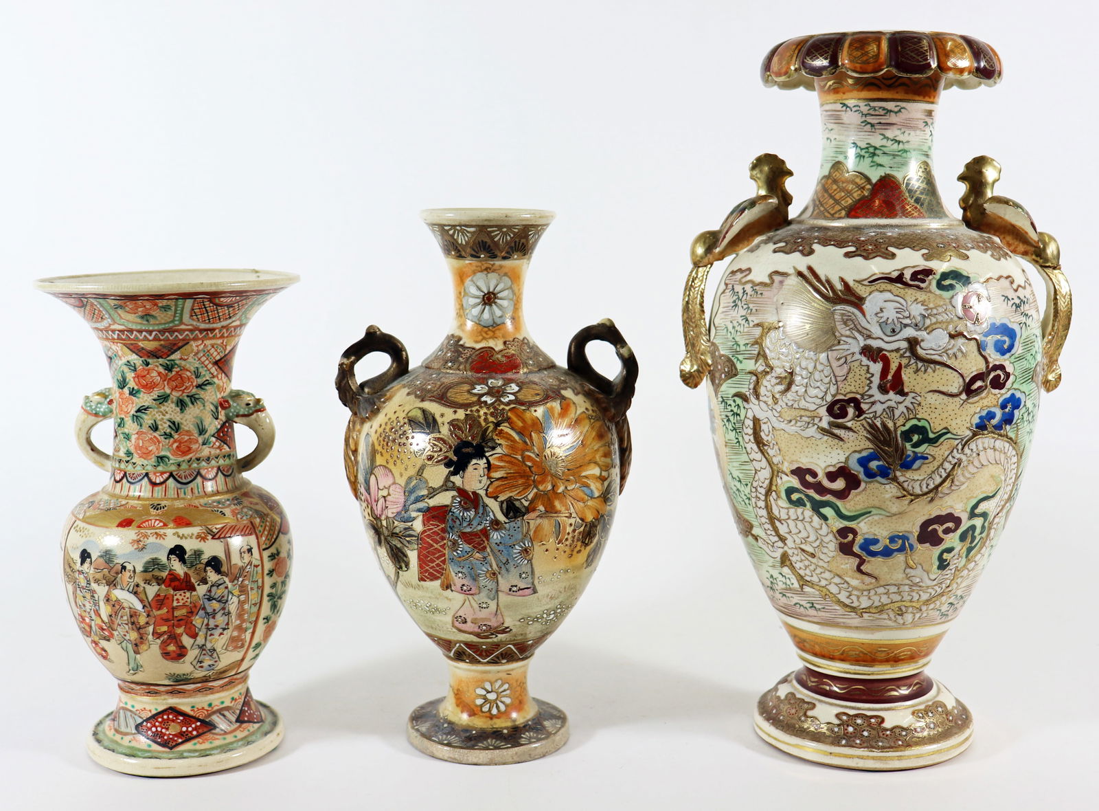 (3) JAPANESE SATSUMA HANDLED VASES (1 of 3)