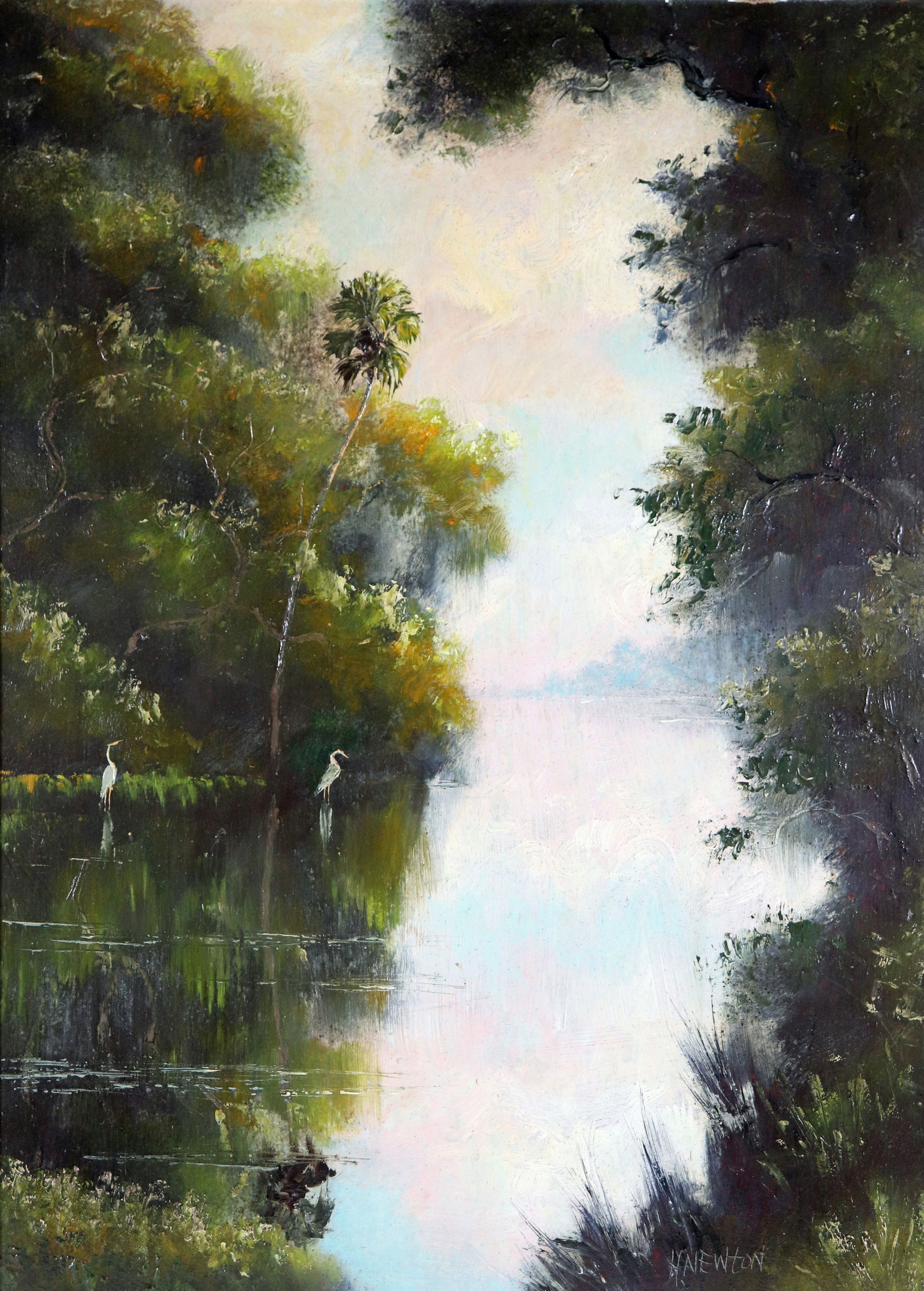 HAROLD NEWTON PEACEFUL INLET HIGHWAYMEN PAINTING: Harold Newton (1934-1994) Highwaymen painting of a Florida backwoods inlet scene with cloudy blue sky, vegetation, water, birds, and palm tree. Signed lower right. Measures 23" x 17" on masonite board