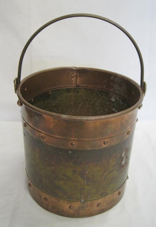 ARTS & CRAFTS COPPER & BRASS FIREPLACE BUCKET: 8 3/4" Tall. Original patina. Hand Hammered & Riveted sturdy bucket.