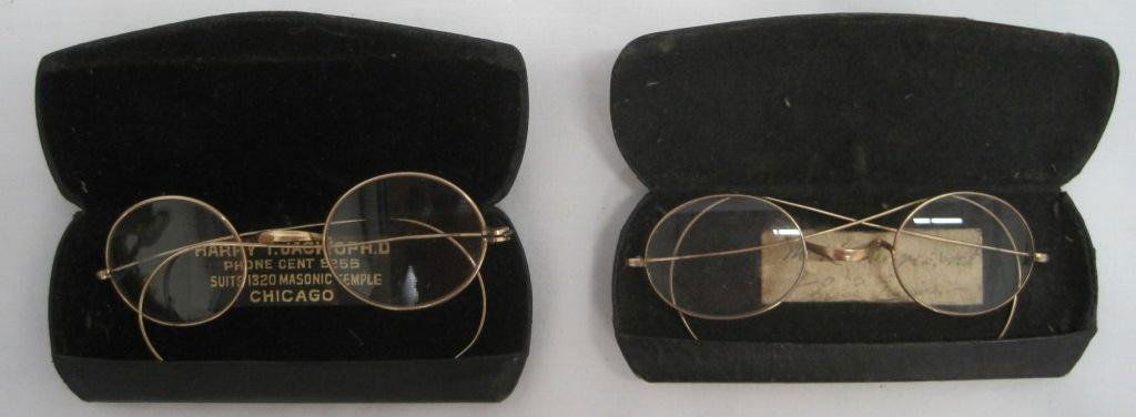 PAIR ANTIQUE GOLD SPECTACLES EYEGLASSES: (2) GOLD FILLED ANTIQUE SPECTACLE GLASSES WITH ORIGINAL CASES.