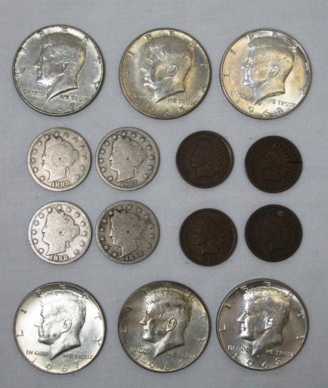 SILVER & OLD U.S. COINS: (6) Silver Clad Kennedy half dollars, (4) indian head pennies, (4) V nickels.