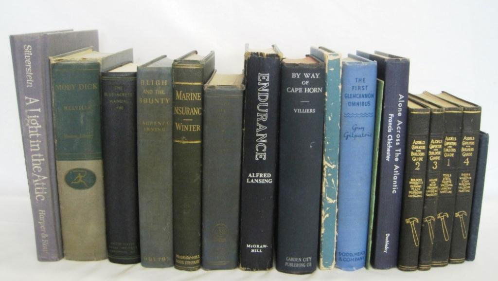 VINTAGE BOOK COLLECTION: Some First Editions including Endurance, Bligh and the Bounty, Alone Across the Atlantic. 1940 Bluejackets Manual, 1944 Moby Dick, 1943 Merchant Marine Officer's Handbook.