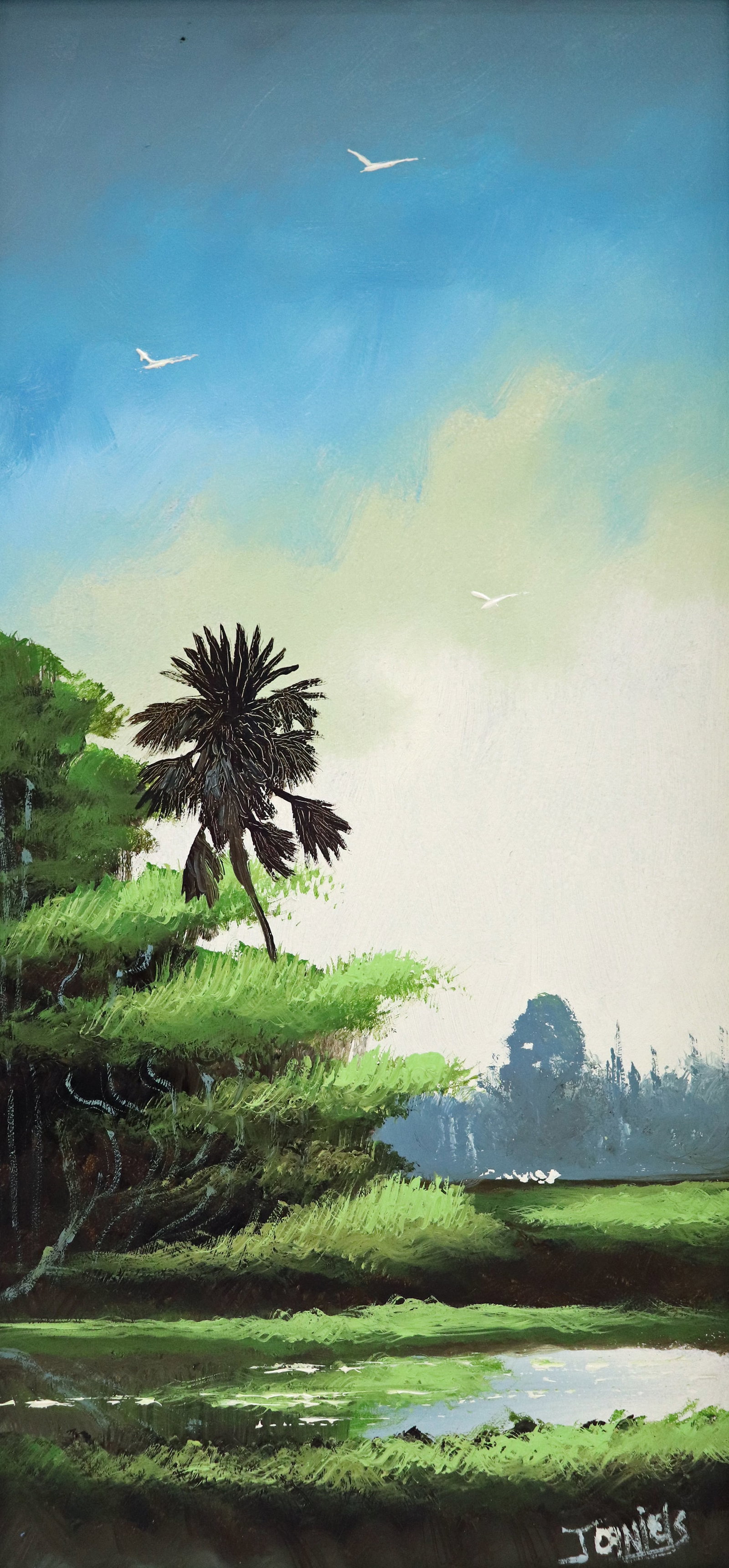 JOHNNY DANIELS BACKWOODS PALM HIGHWAYEN PAINTING: Johnny Daniels (1954-2009) Highwaymen painting of a backwoods Florida landscape with cloudy blue sky, palm tree, water, green vegetation, water, and birds. Signed lower right. Measures 16" x 8" on boa