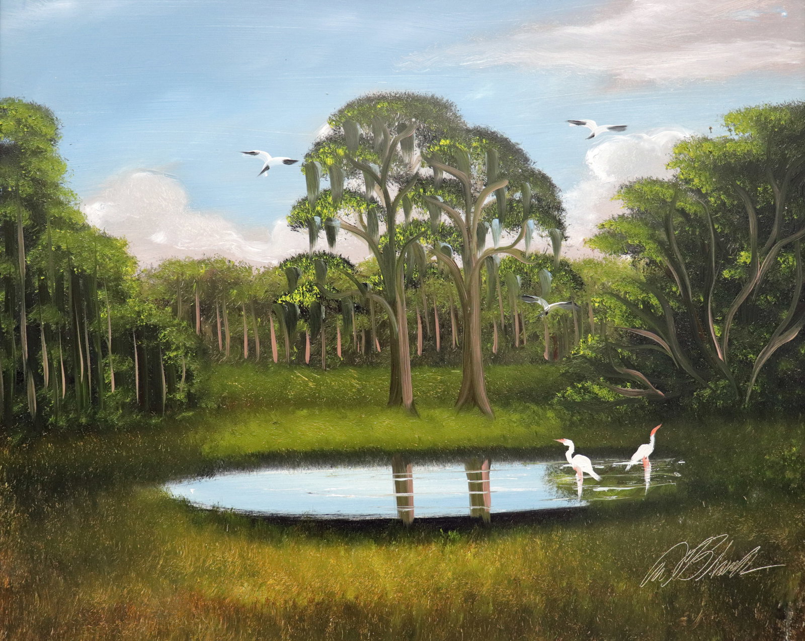 AL BLACK BACKWATER PINES HIGHWAYMEN PAINTING: Al Black (b. 1945) Highwaymen painting of a Florida backwoods landscape with tall pine trees, green vegetation, pond, cloudy blue sky, and birds. Signed lower right. Measures 27" x 22" on masonite boa