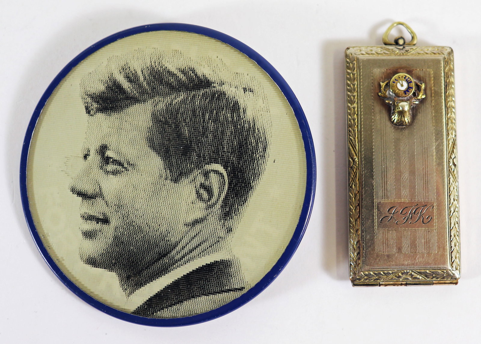 RARE JFK POLITICAL FLICKER BUTTON & ELKS LODGE FOB: A 1960 JFK campaign button that flickers with one side "Kennedy he will win for President" and flickers from slogan to his image" on the back Veri-Vue by Pictorial Productions Inc, Mount Vernon NY USA