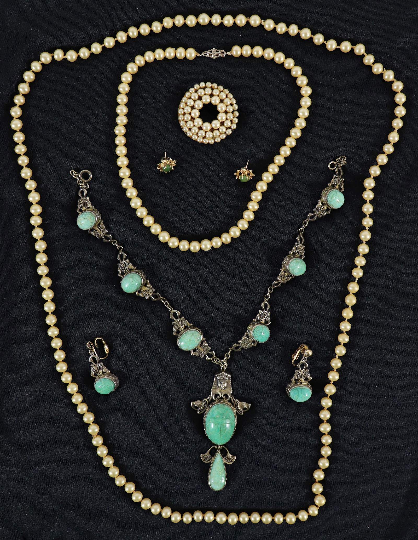 EGYPTIAN REVIVAL NECKLACE, PEARLS & 14K EARRINGS (1 of 4)