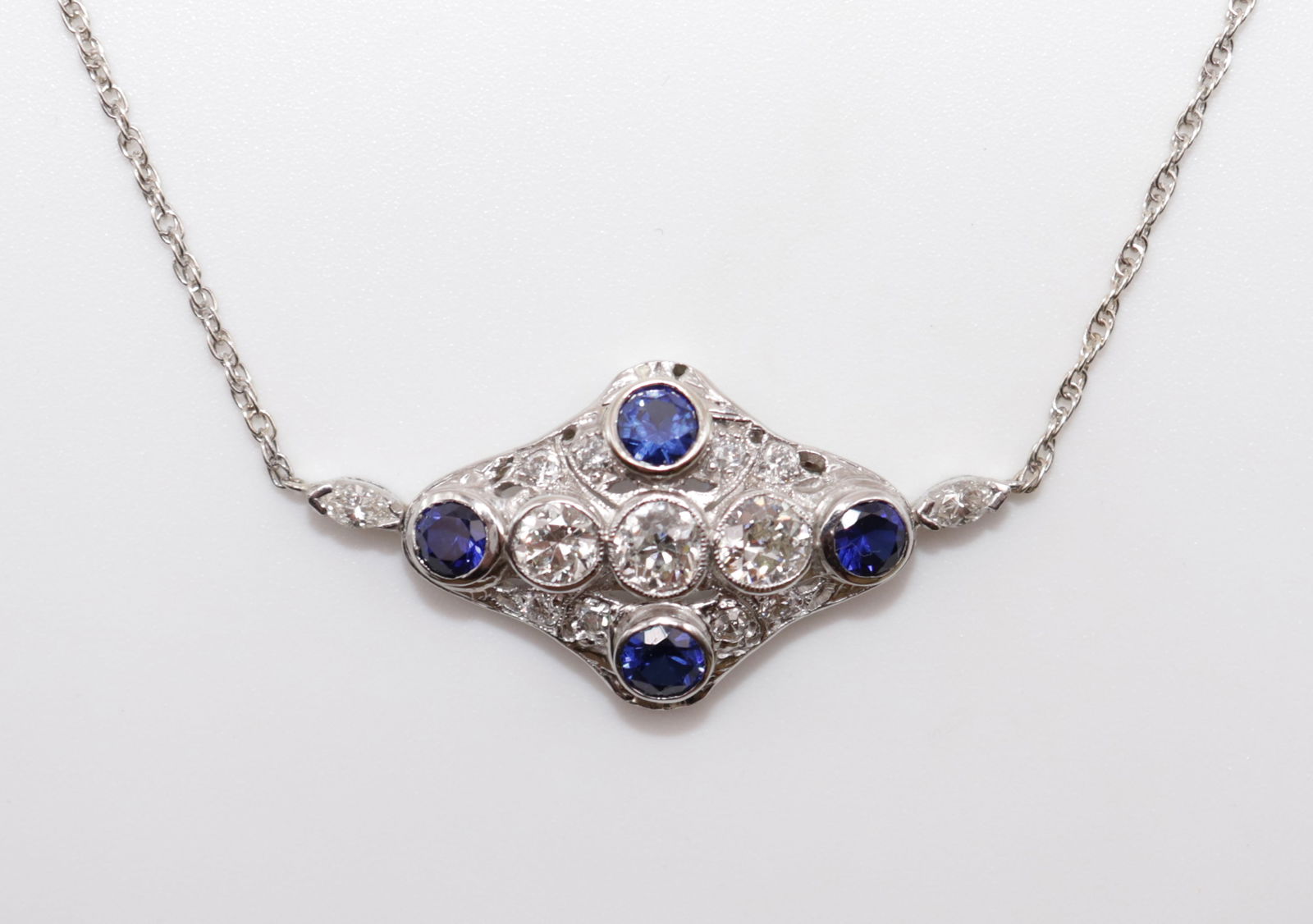 18K ART DECO DIAMOND & SAPPHIRE NECKLACE (1 of 5)
