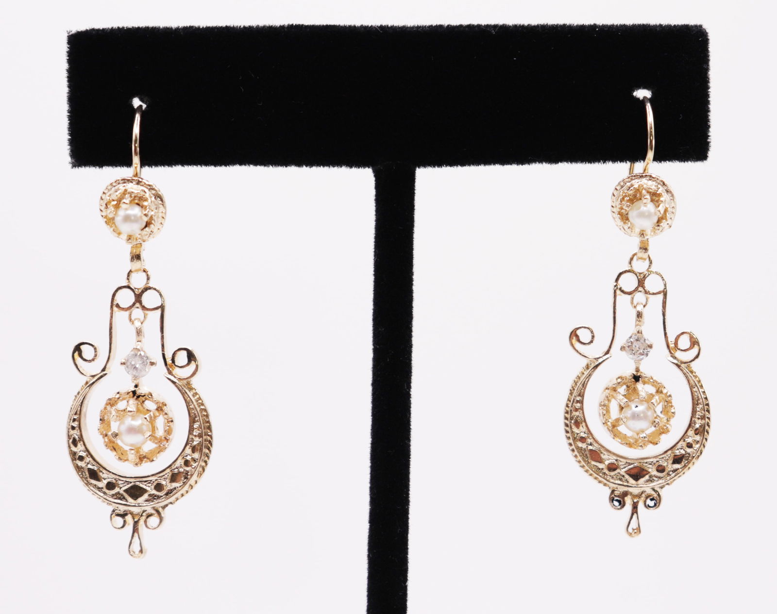 VINTAGE 14K PEARL & DIAMOND LAVALIER EARRINGS (1 of 4)