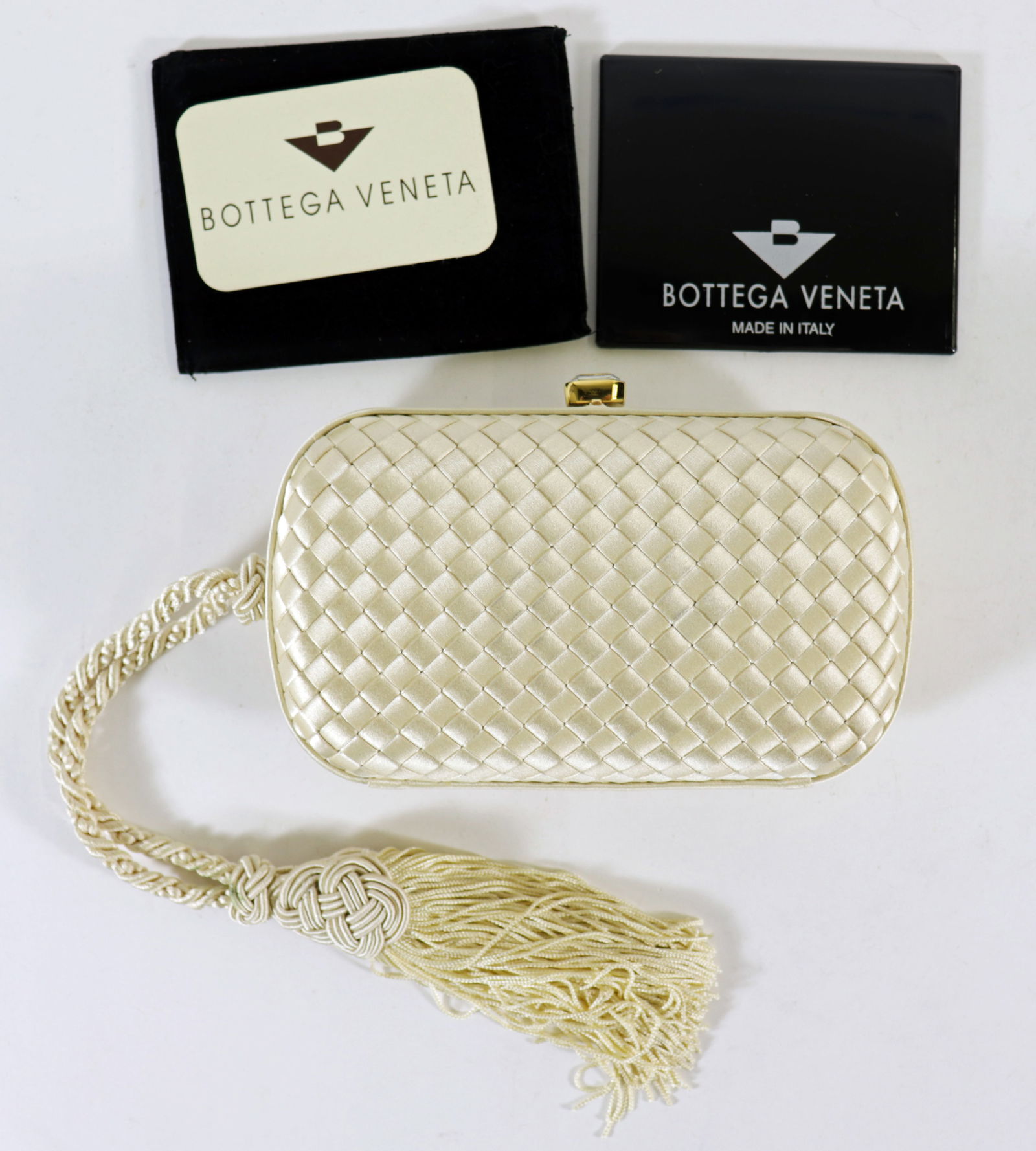 BOTTEGA VENETA INTRECCIATO SATIN TASSLE CLUTCH BAG (1 of 3)