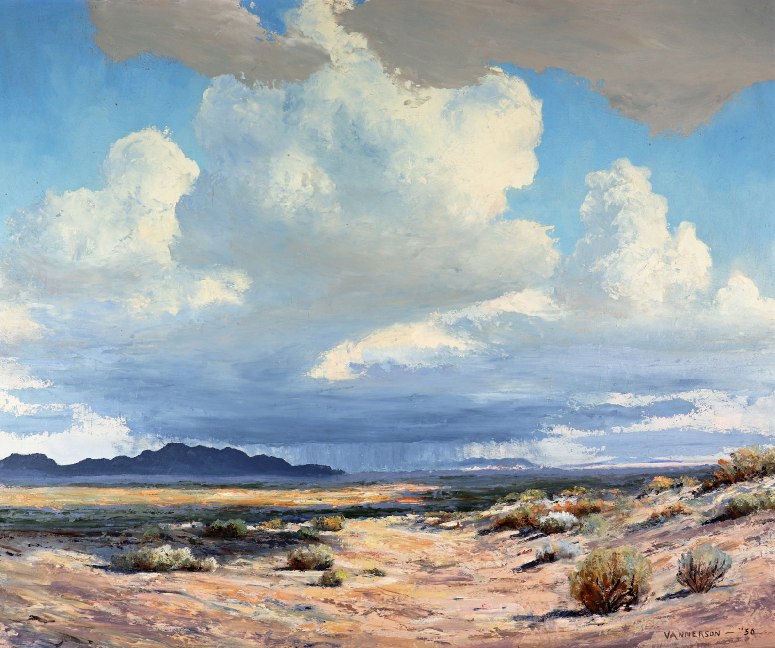 LUCIEN VANNERSON 1950 DESERT RAIN PAINTING: Lucien Vannerson (1904-1982) Southwestern landscape of a desert with cloudy blue sky and rainstorm in the distance. Signed lower right and dated 50'. Measures 30" x 25" on board and 36" x 31" w/ frame