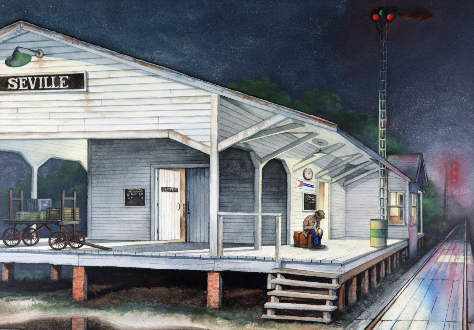 ED BOOKHARDT "THE TRAIN STOPS HERE" WATERCOLOR: Ed Bookhardt (American, 1930-2020) Watercolor painting of a night scene with man sitting at a trainstop. Signed lower right, titled lower left. Also signed and titled on back, dated 1982, with attache
