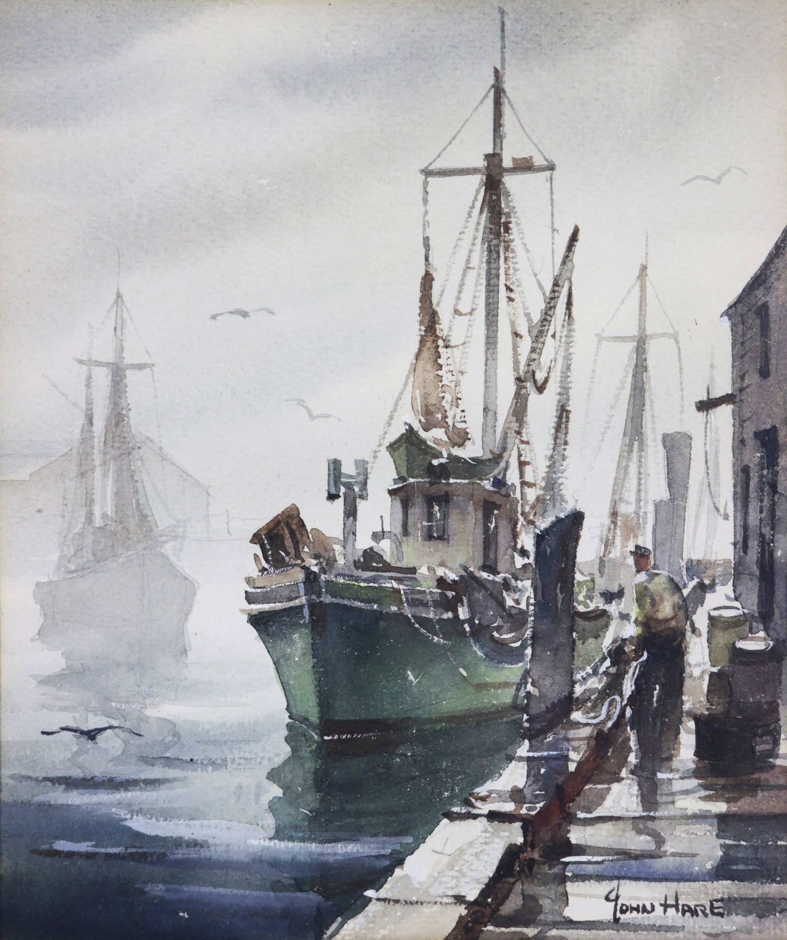 JOHN HARE NEW ENGLAND HARBOR WATERCOLOR PAINTING (1 of 4)