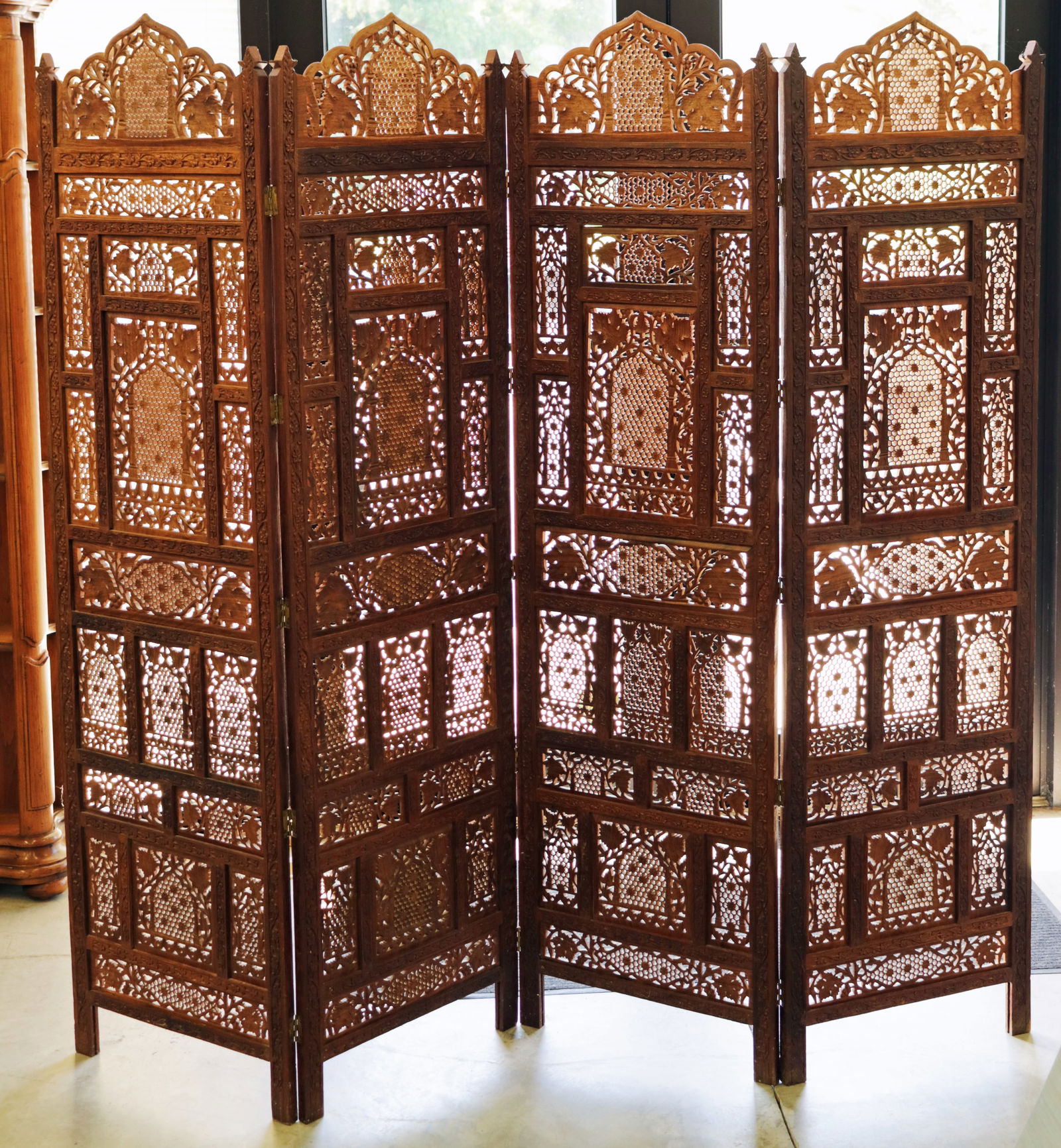 INDO PERSIAN TEAK CARVED WOOD FOUR PANEL SCREEN (1 of 4)