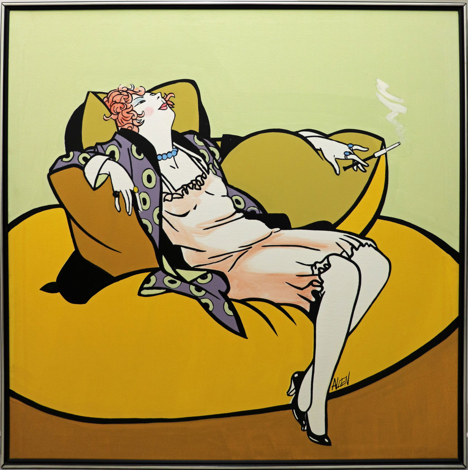 MID CENTURY PAINTING "WOMAN SMOKING" BY ALLEN: Large vintage Mid Century painting of a reclining woman smoking. Signed Allen lower right. Measures 48" x 48" on canvas and 49.25" x 49.25" w/ frame.
