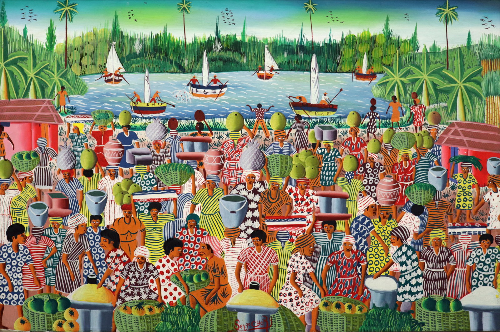 SERGE CHERY HAITIAN LANDSCAPE PAINTING: Serge Chery Haitian painting of a detailed village landscape with figures, palm trees, and fishing boats in the distance. Signed lower middle. Measures 36" x 24" on canvas and 40.75" x 28.75" w/ frame