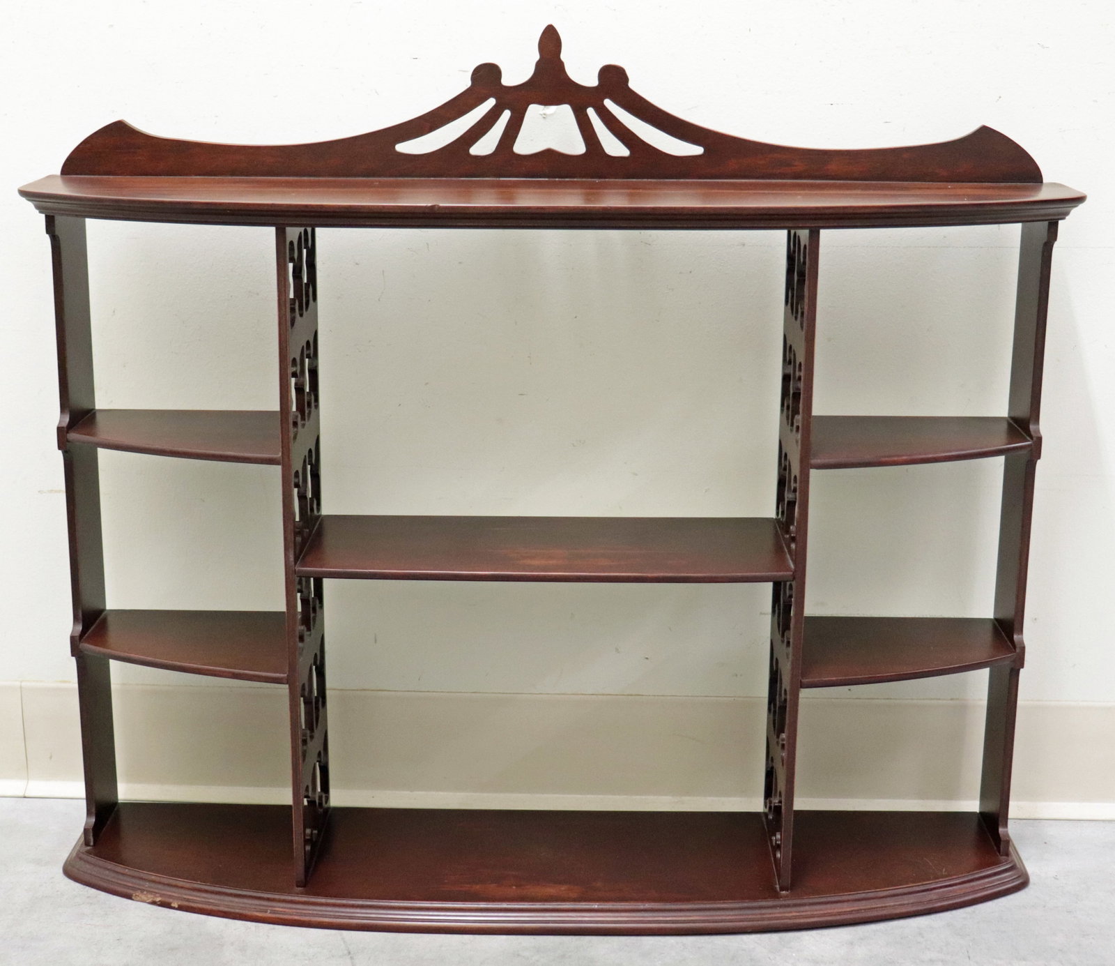 MAHOGANY WHATNOT DISPLAY WALL SHELF: A Mahogany wood what not wall shelf for displaying collectibles. Some age related wear. Measures 30" x 23" x 7".