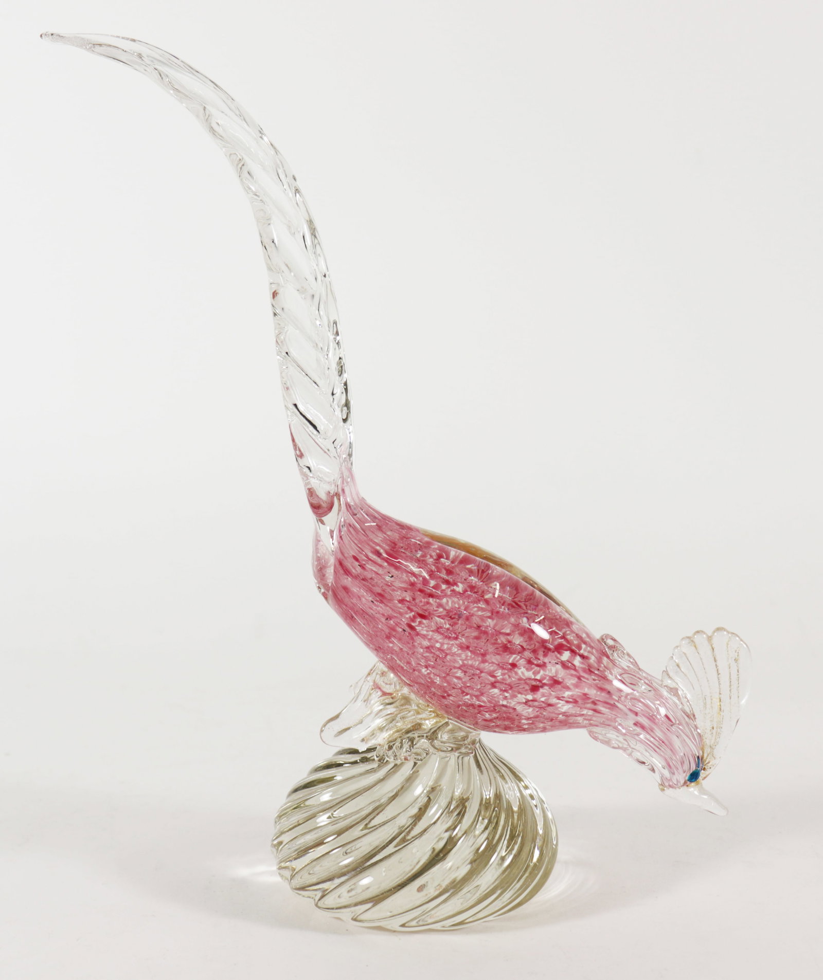 VINTAGE MURANO ART GLASS COCKATOO PARROT: A vintage Murano glass bird with a pink body, blue eyes, and clear glass. 10.5" T x 11" W
