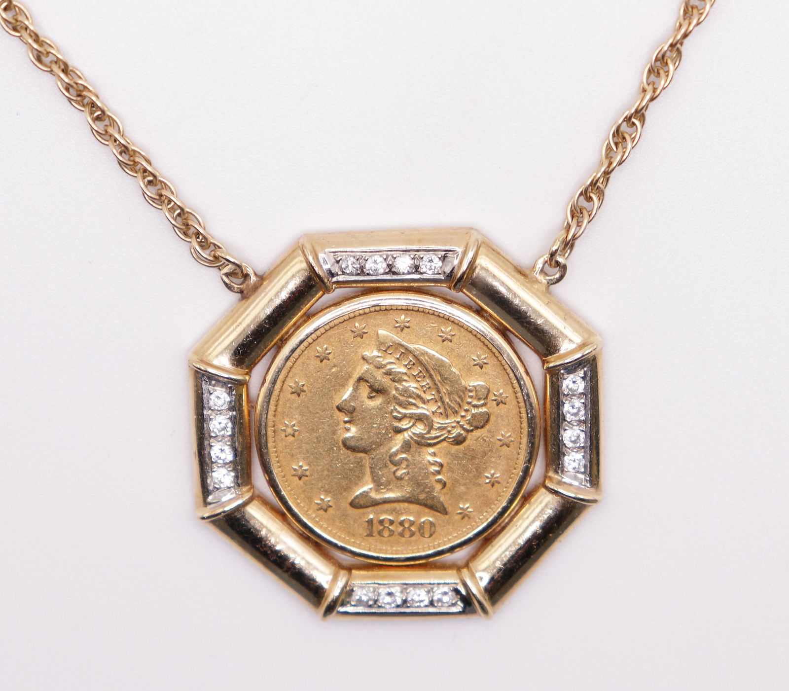 14K 1880 $5 GOLD COIN & DIAMOND PENDANT (1 of 5)