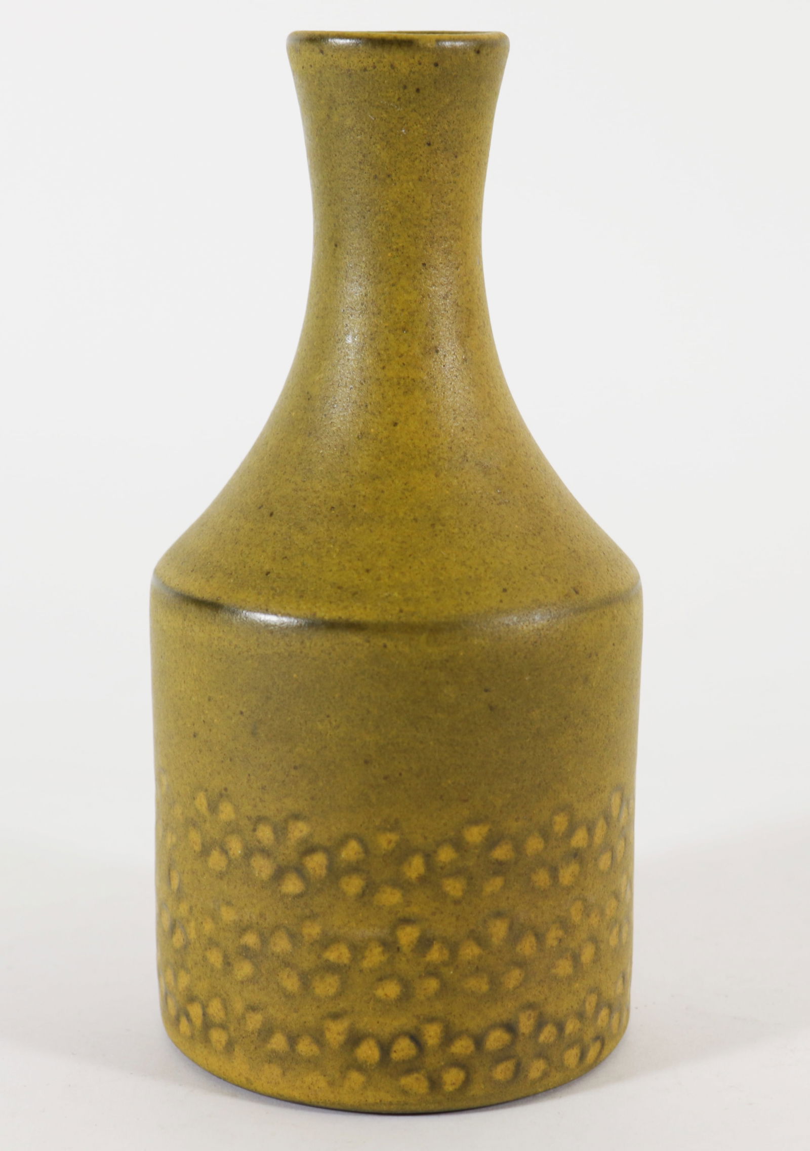 MID CENTURY SWEDISH UPSALA EKEBY HYOSUN RHEE VASE: Vintage Mid Century Modern Upsala Ekeby Hyonsun Rhee yellow vase # 5044. Japanese signature on bottom. Measures 6 7/8" tall.