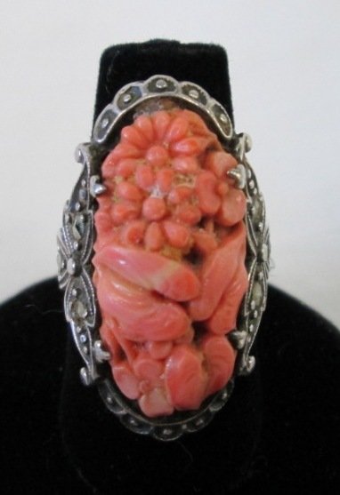 ANTIQUE ANGEL SKIN CORAL & MARCASITE RING: Sterling silver. Size 5.