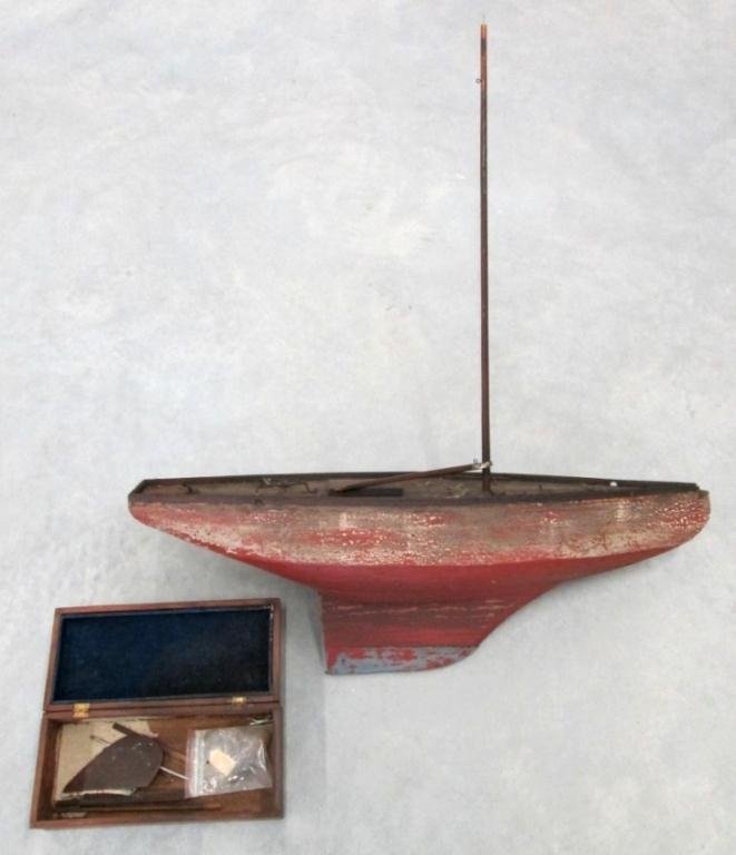 ANTIQUE SHIP POND SAILER SAILBOAT W/ ANTIQUE BOX: 35" Tall, has antique dovetail jointed box with some parts for ship.