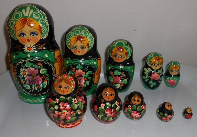 RUSSIAN MATROYOSHKA NESTING DOLLS: 2 Complete sets. One signed JWH