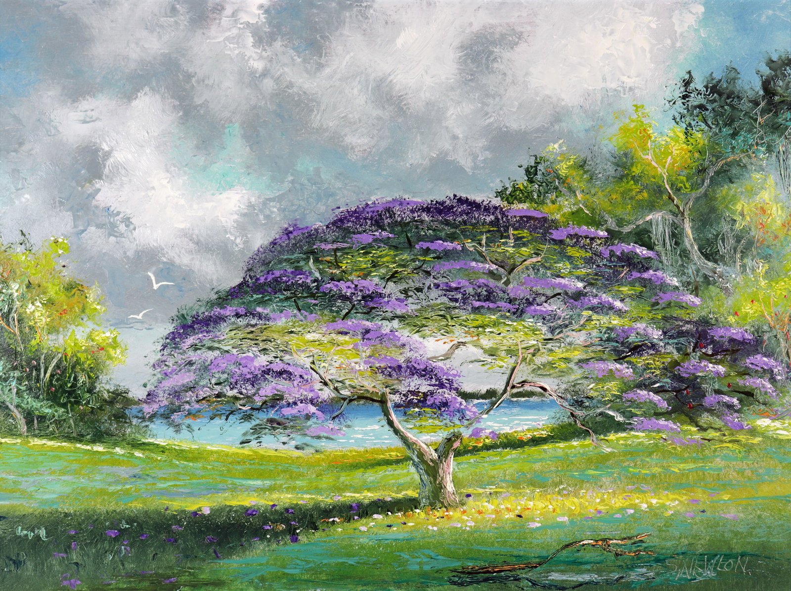 SAM NEWTON PURPLE JACARANDA HIGHWAYMEN PAINTING: Sam Newton (b. 1948) Highwaymen painting of a Florida landscape with cloudy blue sky, birds, vegetation, and large purple jacaranda tree by the river. Signed lower right. Measures 24" x 18" on masonit