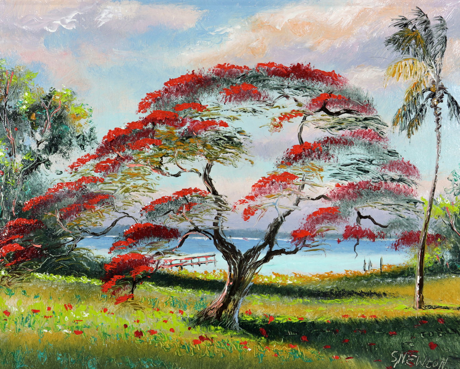 SAM NEWTON POINCIANA & PALM HIGHWAYMEN PAINTING: Sam Newton (b. 1948) Highwaymen painting of a colorful Florida landscape with vibrant red poinciana tree along the river, tall palm tree, cloudy blue sky, green vegetation, and dock. Signed lower righ