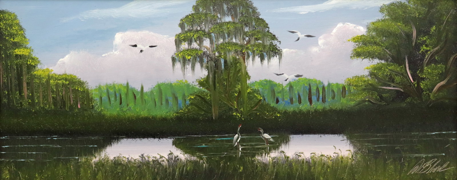 AL BLACK PANORAMIC BACKWOODS HIGHWAYMEN PAINTING: Al Black (b. 1945) Highwaymen painting of a panoramic Florida landscape with tall pine trees, cloudy blue sky, birds, water, and green vegetation. Signed lower right. An unusual sized painting, measur